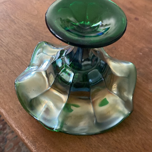 Vintage Fenton Green Carnival Glass Peacock Tail Pedestal Compote - Picture 2 of 3